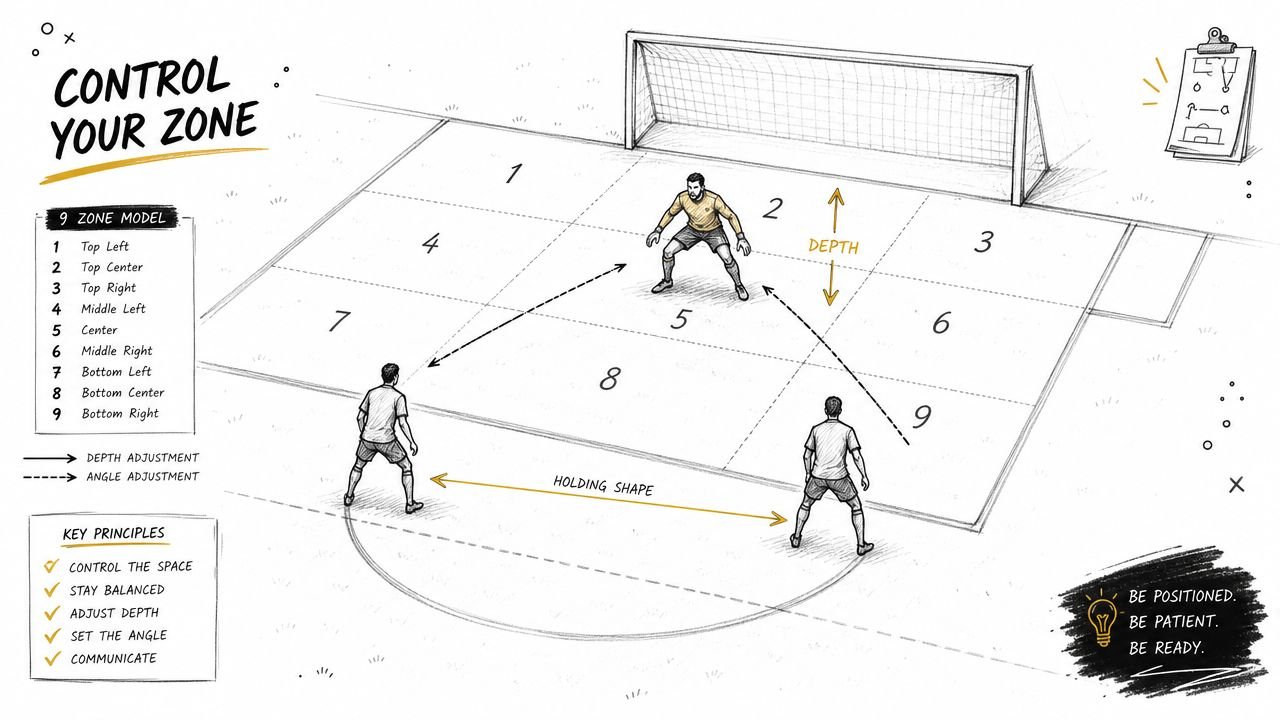 A diagram illustrating soccer goalkeeper positioning techniques using a nine-zone model on a field in front of a goal.