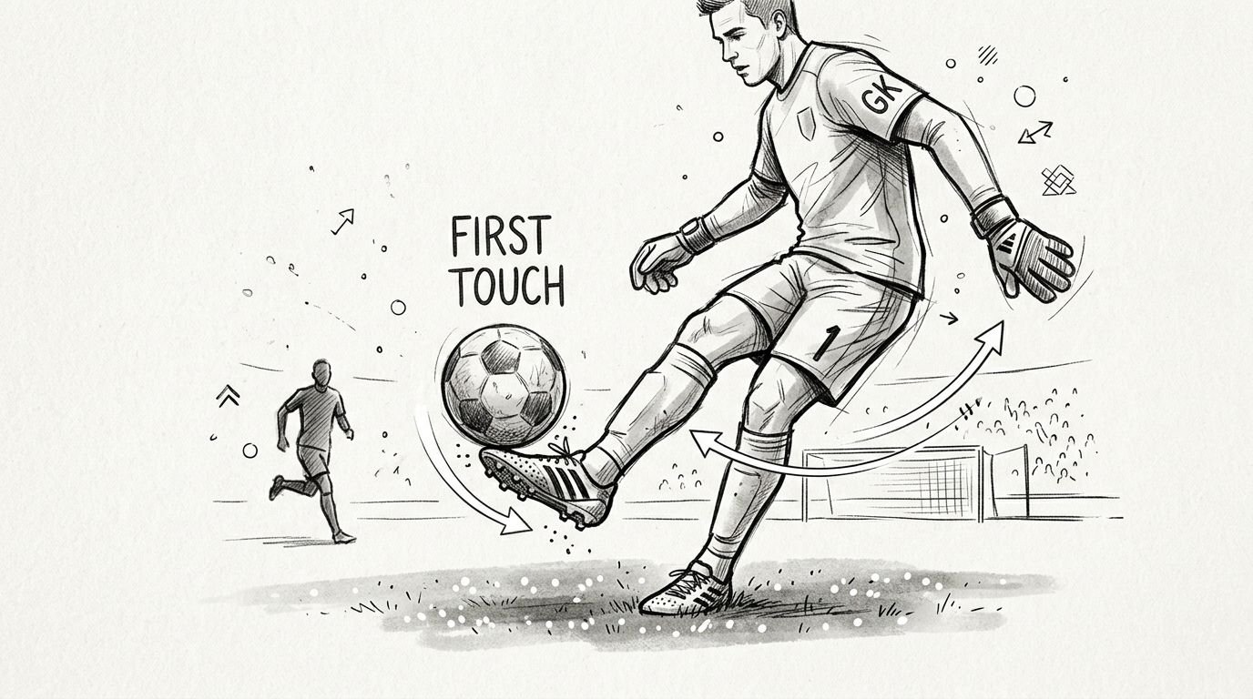 A pencil sketch of a soccer goalkeeper performing a first touch drill on a grass field