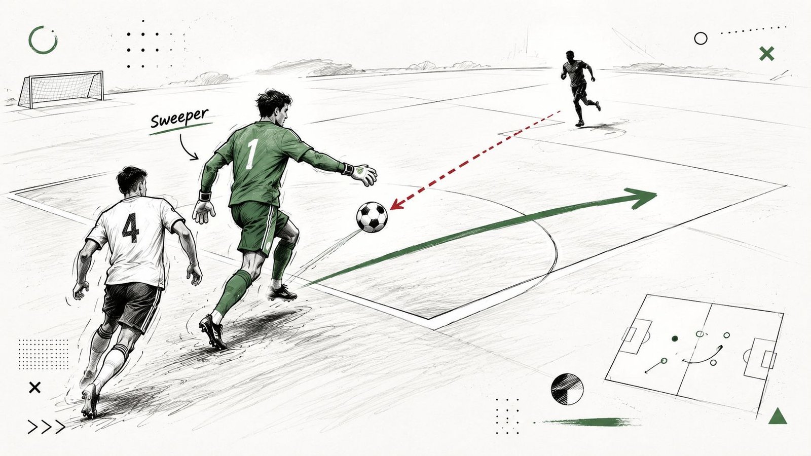 A soccer illustration showing a goalkeeper acting as a sweeper clearing the ball during a training drill.