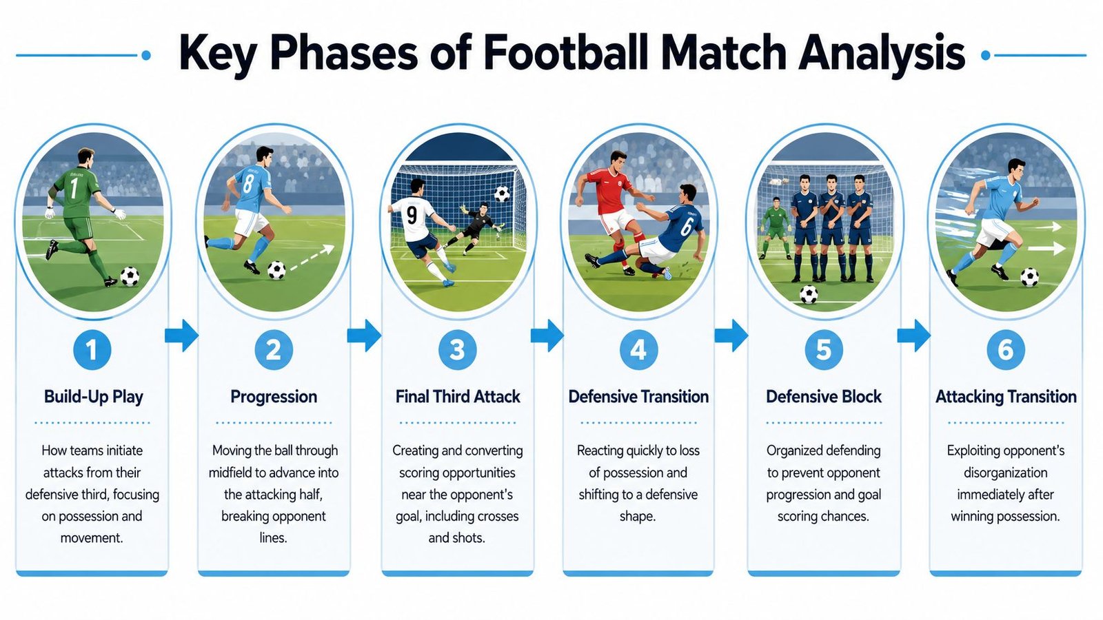 A diagram illustrating the six key phases of football match analysis, from build-up play to attacking transition.