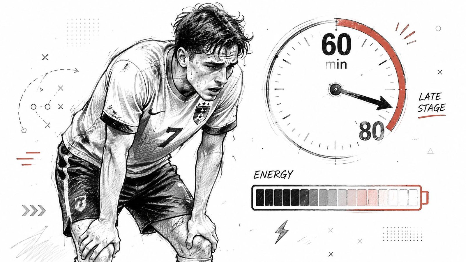 A pencil sketch of an exhausted soccer player with a match clock and an energy depletion bar.